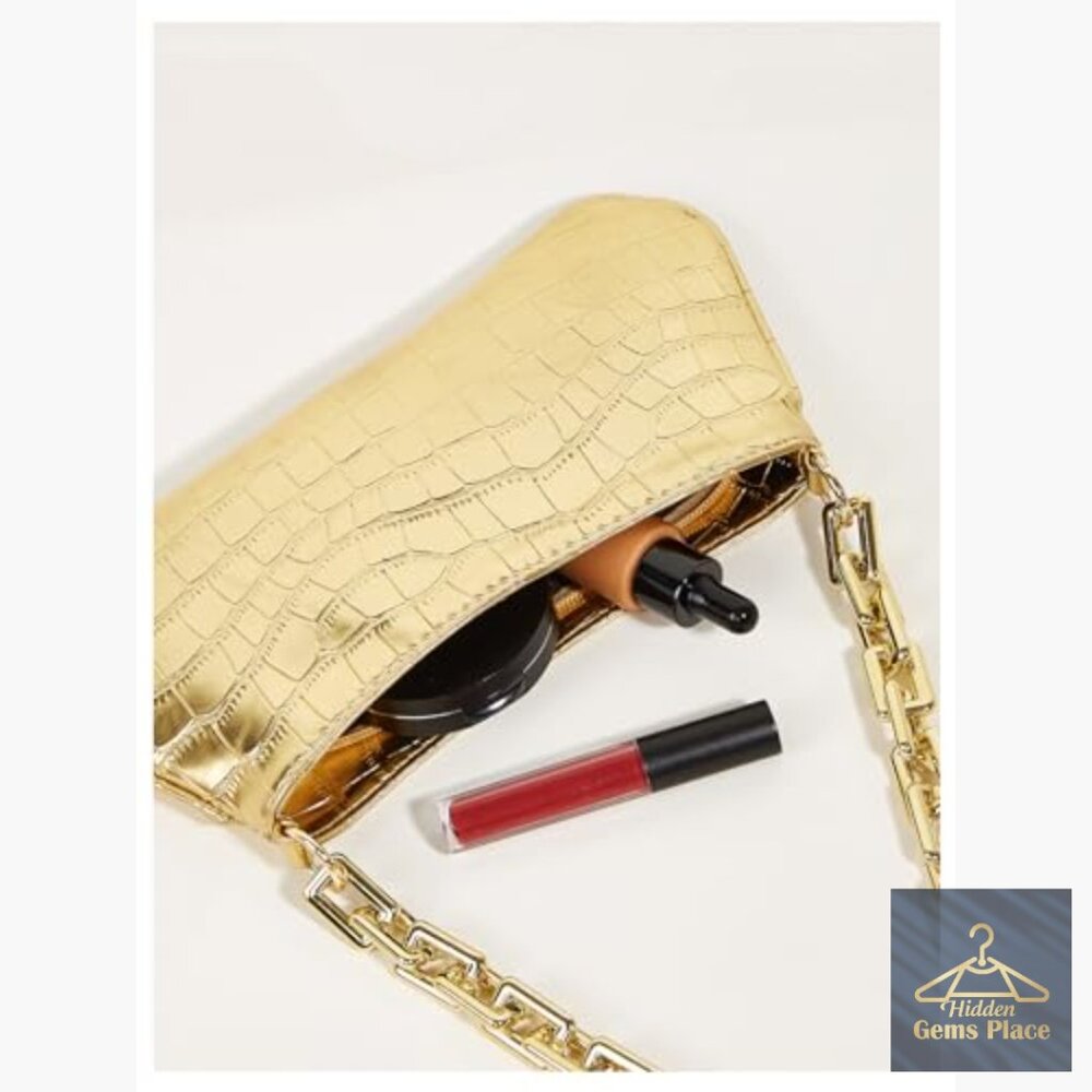 Gold Metallic Shoulder Bag Evening Party Mini Clutch Purse Chain Zipper - Picture 3 of 6